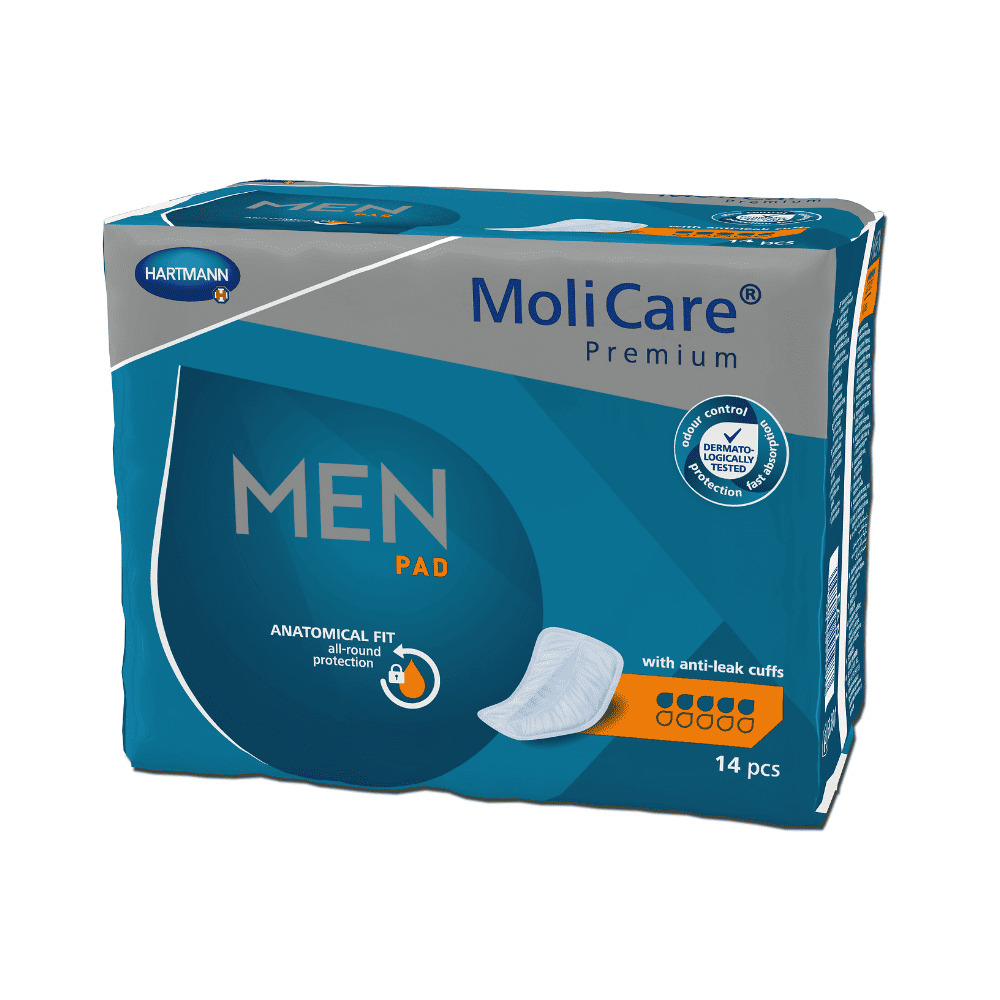 Un pachet Hartmann MoliCare® Premium MEN PAD inserție, compus din 14 bucăți cu protecție anatomică și margini anti-scurgere. Ambalajul este predominant albastru cu text și logo-uri în portocaliu și alb. Produs de Paul Hartmann AG.