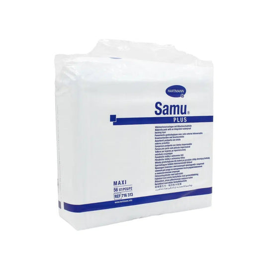Un pachet sigilat de protecții postnatale Hartmann Samu® Plus Maxi de la Paul Hartmann AG (56 de bucăți), ideal pentru protecția sigură a lenjeriei, este livrat ambalat într-o folie transparentă, cu informații despre produs de culoare albastră pe partea din față.