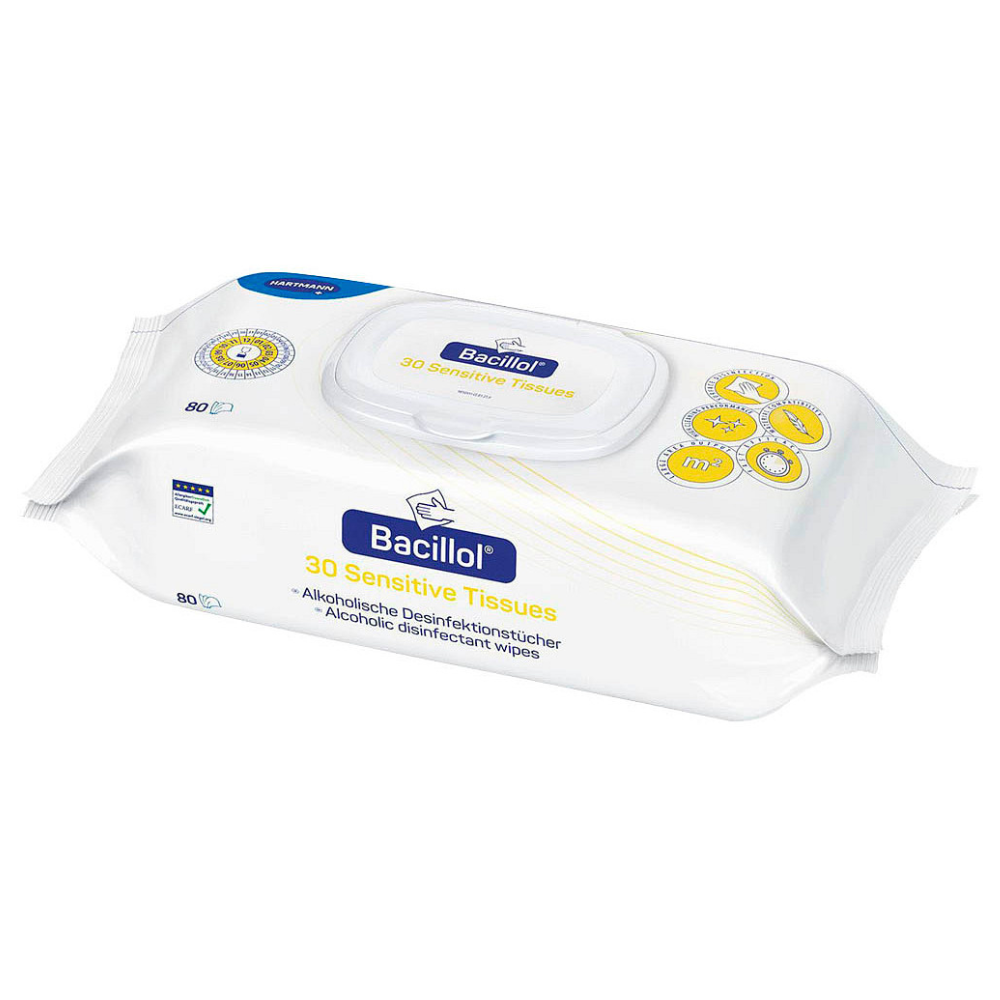 Hartmann Bacillol® 30 Sensitive șervețele de la Paul Hartmann AG: Pachet cu 80 de șervețele, delicat pentru suprafețe sensibile. Ambalajul alb cu accente albastre și galbene și capacul de plastic resigilabil mențin șervețelele proaspete.