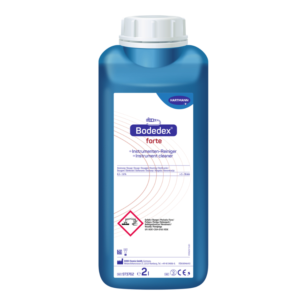 Hartmann Bodedex® forte flacon, un detergent pentru instrumente cu etichetă alb-violet. Pe etichetă se găsesc instrucțiuni de utilizare și simboluri de pericol. Capacitatea recipientului este de 2 litri.