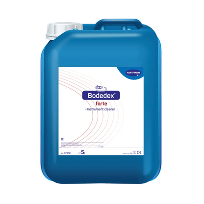Un bidon albastru din plastic cu inscripția „Hartmann Bodedex® forte detergent pentru instrumente” de la Paul Hartmann AG, cu marcaj de nivel și descrieri de produs în mai multe limbi.