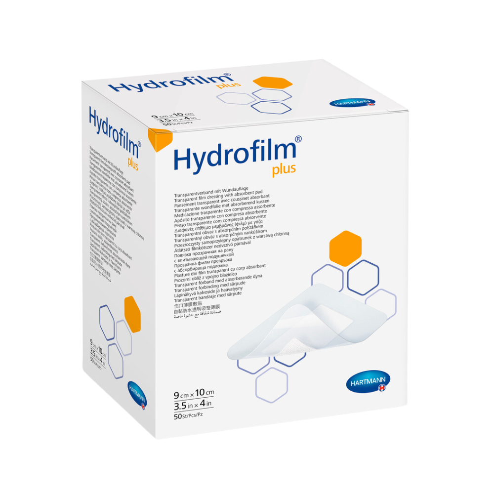 O cutie cu bandaje Hartmann Hydrofilm® Plus Transparentverband de la Paul Hartmann AG, cu text și detalii despre produs, prezentată cu o imagine a bandajelor pe lateral.