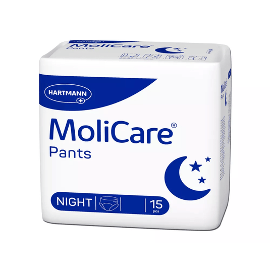 Chiloții pentru incontinență Hartmann MoliCare Pants Night, produși de Paul Hartmann AG, sunt disponibili într-un ambalaj discret, în culorile alb și albastru, decorat cu semilune și stele, precum și cu inscripția vizibilă „Night”. Sunt concepuți pentru incontinența urinară, oferă protecție discretă și conțin 15 bucăți per pachet.