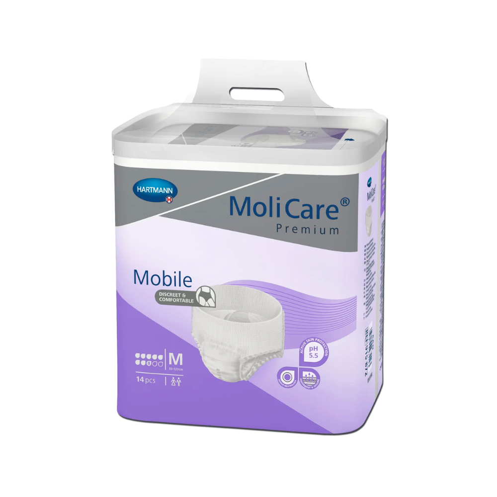 Un pachet de scutece pentru adulți Hartmann MoliCare® Premium Mobile Inkontinenzpants de la Paul Hartmann AG, mărimea Medium, cu 14 bucăți. Ambalajul este mov și alb și are pe partea frontală o imagine a scutecului.