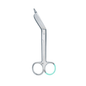 Foarfeca de bandaj Hartmann 16cm P20 de la Paul Hartmann AG este un instrument medical din oțel inoxidabil cu lamă înclinată și vârf rotunjit. Mânerul standard în buclă este turcoaz și, prin urmare, este ideal pentru aplicații precise. Foarfeca este ambalată în seturi de 20 de bucăți și izolată pe fundal alb.