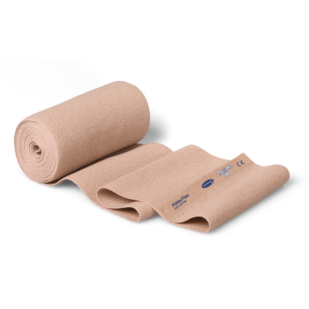 Două bandaje elastice Hartmann PütterFlex bej, rulate, cu etichete albastre care arată simbolurile de marcă și certificare ale Paul Hartmann AG, aranjate pe un fundal alb.