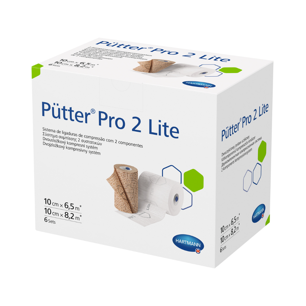 O cutie de produs pentru setul de bandaje de compresie Hartmann Pütter® Pro 2 Lite, care afișează informații despre dimensiunile produsului și utilizare pe un fundal alb. Cutia este albă cu accente albastre și verzi.