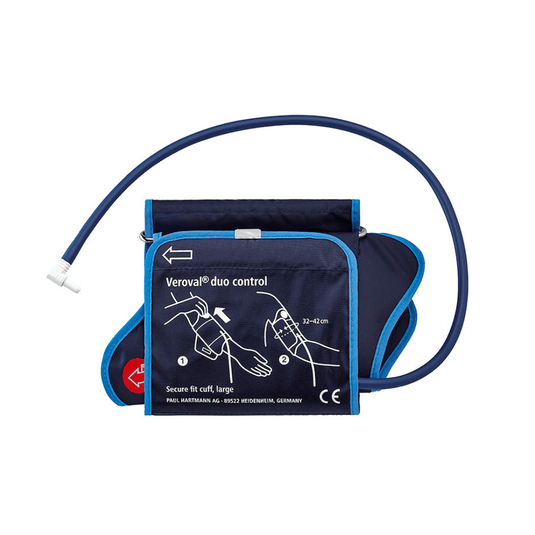 Manșetă albastră pentru măsurarea tensiunii arteriale de la Paul Hartmann AG, din gama Hartmann Veroval® DUO CONTROL, mărime mare | Pachet (1 bucată), cu ilustrații explicative și design care asigură o fixare sigură, destinată unei circumferințe a brațului de 32–42 cm.