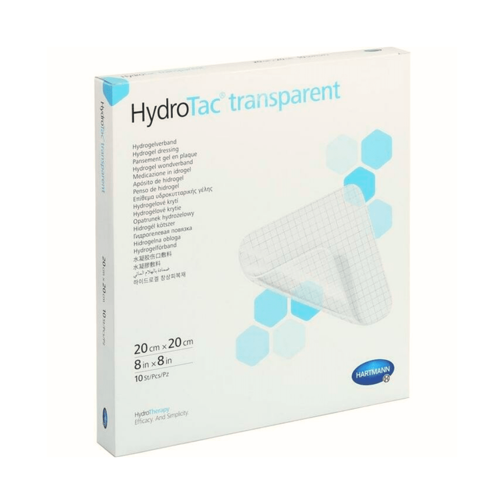O cutie de bandaje cu gel hidrocelular transparent Hartmann HydroTac® de la Paul Hartmann AG, care afișează pe partea frontală o imagine clară a produsului cu detalii despre produs în mai multe limbi. Cutia este albă.