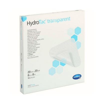 O cutie de bandaje cu gel hidrocelular transparent Hartmann HydroTac® de la Paul Hartmann AG, care afișează pe partea frontală o imagine clară a produsului cu detalii despre produs în mai multe limbi. Cutia este albă.