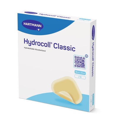 O doză de bandaj steril Hartmann Hydrocoll Classic, sigilat individual de Paul Hartmann AG – ideal pentru tratamentul umed al rănilor, susținerea granulației și epitelizării. Conține 10 bandaje sterile de 10 x 10 cm în ambalaj predominant alb cu accente albastre.