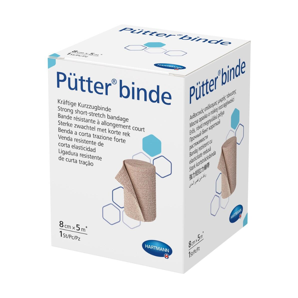Imaginea arată o cutie de bandaje elastice Hartmann Pütter-Verband cu dimensiunile 8 cm x 5 m. Ambalajul este predominant alb și conține text și imagini care ilustrează bandajul.