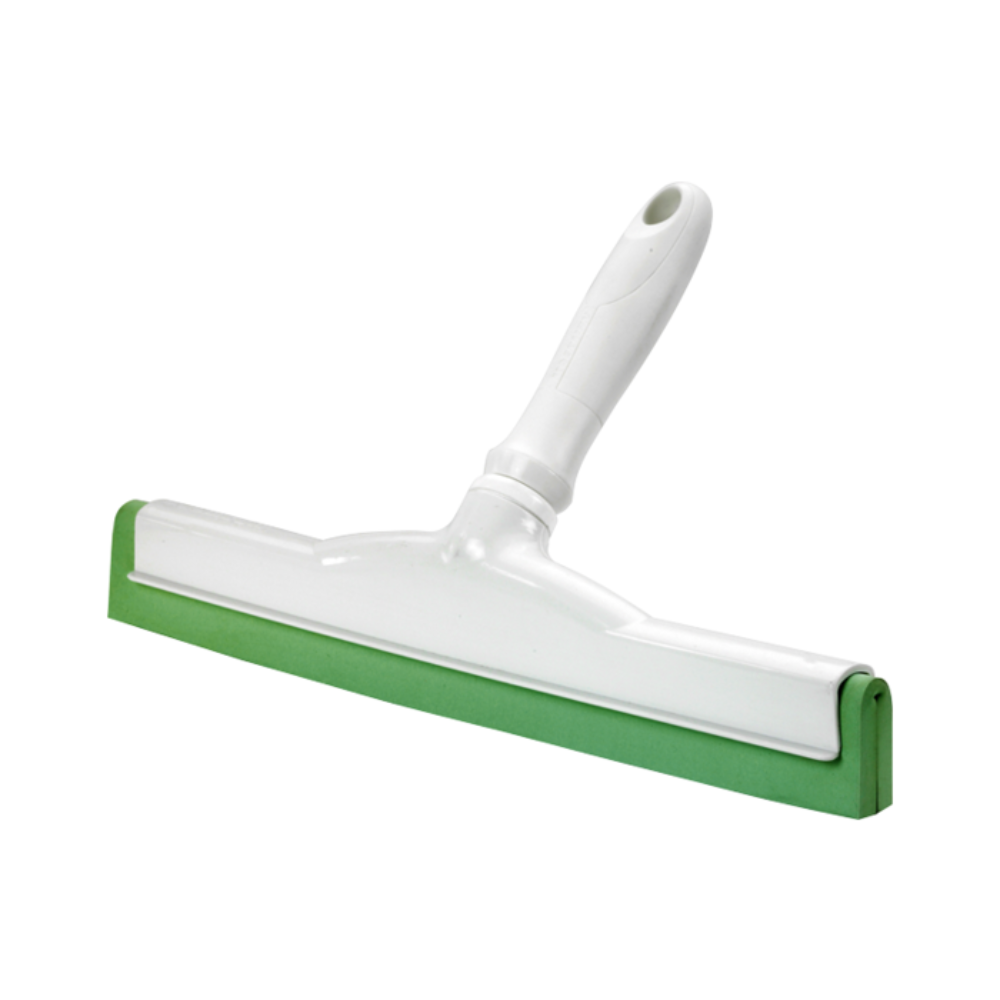 Un raclet manual Haug cu cauciuc alimentar alb și verde cu un mâner din plastic potrivit pentru aplicații igienice este așezat pe un fundal alb simplu. Lama sa lată este concepută pentru curățarea ferestrelor sau a suprafețelor netede și respectă standardele HACCP pentru siguranță și curățenie.