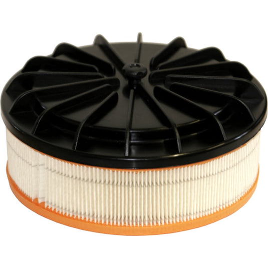 Filtrul HEPA de schimb Arcora M5Plus, produs de Arcora International GmbH, este un filtru rotund cu partea inferioară de culoare portocalie, material HEPA plisat de culoare albă și un capac negru cu nervuri radiale de susținere.