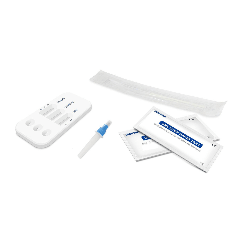 Un test rapid profesional HighTop Influenza A/B, RSV, Covid-19 – cutie de 20 | Ambalaj (20 teste) pe fundal alb, inclusiv dispozitiv de testare, tampon steril, tampon de extracție a probelor și pachete de instrucțiuni.