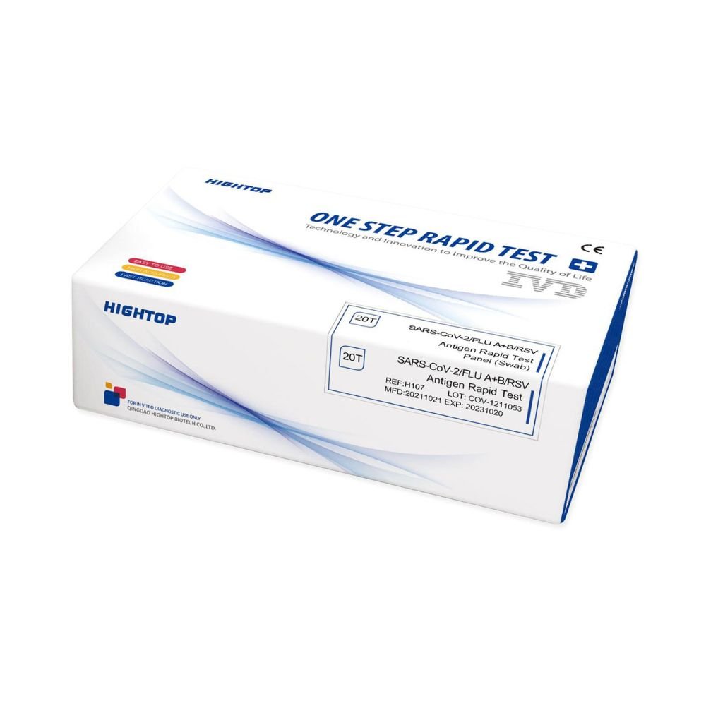 O cutie de teste rapide profesionale HighTop Influenza A/B, RSV, Covid-19 pentru testele antigen SARS-CoV-2. Ambalajul este alb cu accente albastre și roșii și prezintă logo-uri, text și o marcă CE.