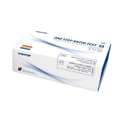 O cutie de teste rapide profesionale HighTop Influenza A/B, RSV, Covid-19 pentru testele antigen SARS-CoV-2. Ambalajul este alb cu accente albastre și roșii și prezintă logo-uri, text și o marcă CE.