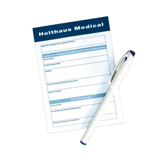 Formularul de raportare Holthaus Medical, produs de Holthaus Medical GmbH & Co. KG, conține secțiunile necesare pentru o documentare precisă, referitoare la datele personale și incidentele medicale. Pe formular este reprezentat un stilou cu cerneală albă pe un fundal alb simplu.