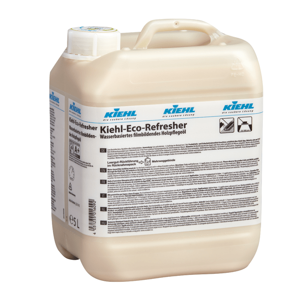 Recipient de plastic de 5 litri al Johannes Kiehl KG Kiehl-Eco-Refresher, un ulei de îngrijire a lemnului pe bază de apă care formează film pentru podele, cu mâner, capac cu șurub și instrucțiuni în limba germană; cutia conține 2 sticle.