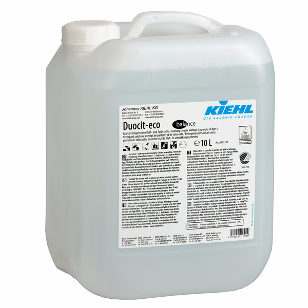 Un recipient de 10 litri din plastic translucid cu capac alb cu filet și inscripția "Kiehl Duocit-eco balance Sanitärreiniger fără parfum și coloranți" de la Johannes Kiehl KG conține indicații și informații de siguranță multilingve.