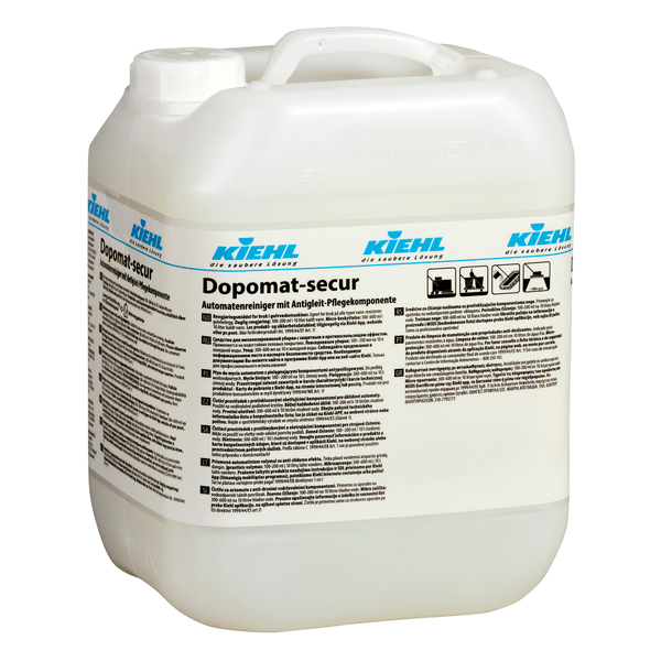 Recipient din plastic alb cu mâner și inscripția "Kiehl Dopomat-secur Automat de curățare cu componentă de întreținere antiderapantă" de la Johannes Kiehl KG. Eticheta germană conține instrucțiuni de utilizare și avertismente de siguranță.