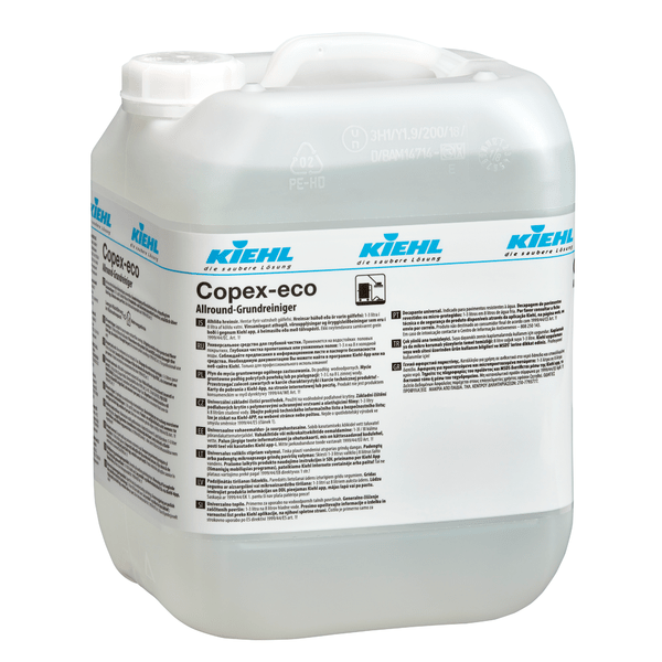 Într-un recipient transparent din plastic cu capac alb se află Kiehl Copex-eco Allround-Grundreiniger de la Johannes Kiehl KG, un detergent ecologic pentru curățarea eficientă a suprafețelor. Pe etichetă se află informații despre produs, instrucțiuni de utilizare și branding în negru și albastru.