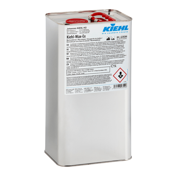 Recipientul metalic dreptunghiular Johannes Kiehl KG Kiehl-Wax-Ex Wachsentferner 5 L (cutie cu 2 sticle) cu capac roșu și simboluri de avertizare este ideal pentru curățarea profesională a clădirilor și a pardoselilor.