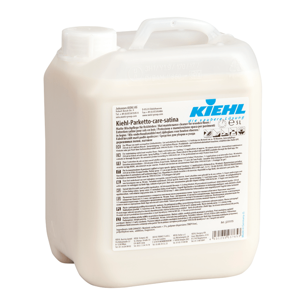 Recipient din plastic alb cu mâner și capac cu filet cu inscripția „Kiehl Kiehl-Parketto-care-satina Dispersion de îngrijire mată pentru podele din lemn 5 L” de la Johannes Kiehl KG, cu informații despre produs și instrucțiuni multilingve. Vândut într-o cutie cu 2 sticle.