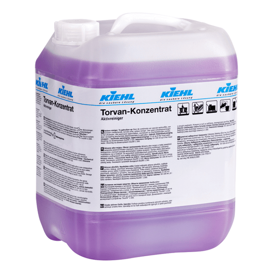 Recipient mare din plastic transparent, cu mâner și capac cu filet, umplut cu un lichid violet. Eticheta poartă inscripția „Kiehl Torvan-Konzentrat Aktivreiniger” a firmei Johannes Kiehl KG și conține informații multilingve despre produs.