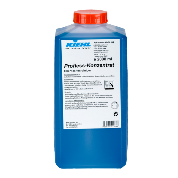 Un recipient din plastic albastru de 2000 ml cu capac roșu și inscripția "Kiehl Profless-Konzentrat Oberflächenreiniger" de la Johannes Kiehl KG cu indicații de produs și utilizare în limba germană pentru curățarea ecologică.