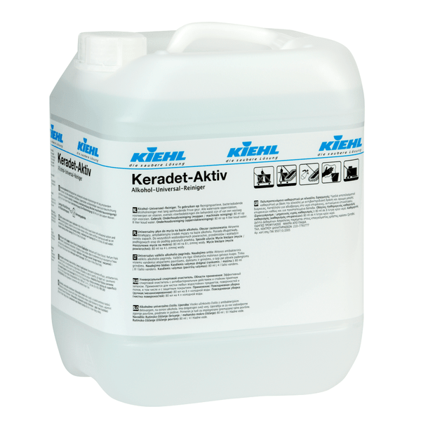 Recipient de plastic alb de 10 litri al Johannes Kiehl KG cu inscripția "Kiehl Keradet-Aktiv Curățător Universal cu Alcool", cu indicații imprimate, simboluri de siguranță, un mâner și un capac cu șurub. Potrivit pentru toate suprafețele.