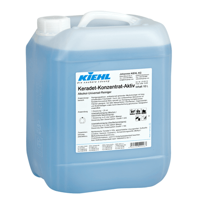 Un recipient de 10 litri din plastic transparent cu mâner și capac cu șurub, umplut cu lichid albastru. Etichetă: "Kiehl Keradet-Concentrat-Activ Alcool-Universal-Detergent" de la Johannes Kiehl KG, pentru curățare fără urme, precum și indicații și simboluri de siguranță.