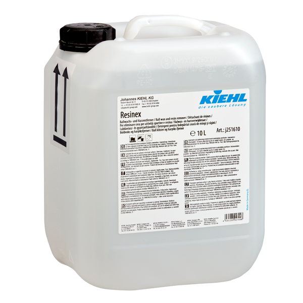 Ein 10-Liter-Kanister aus weißem Kunststoff mit der Aufschrift "Kiehl Resinex Ballwachs- und Harzentferner" der Johannes Kiehl KG, mit großem Griff, schwarzem Schraubverschluss, mehrsprachiger Anleitung und zwei schwarzen Pfeilen auf der Seite.