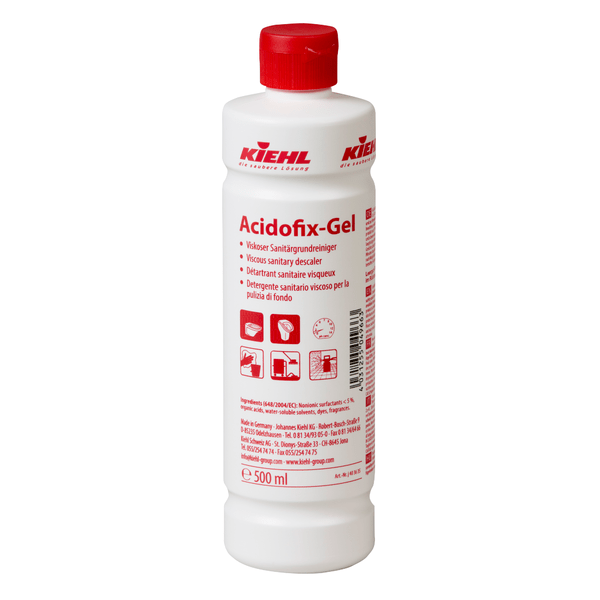 Sticla de plastic albă de 500 ml a gelului Acidofix de la Johannes Kiehl KG, un detergent sanitar vâscos de bază, are un capac roșu și o etichetă cu instrucțiuni multilingve și simboluri pentru îndepărtarea depunerilor de calcar. Vândută în cutii cu 12 sticle.