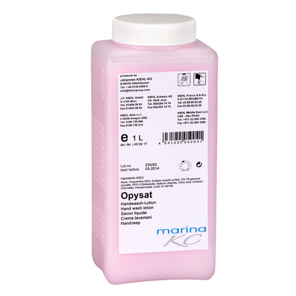 În poziție verticală se află o sticlă dreptunghiulară de plastic roz cu inscripția "Kiehl Opysat Handwasch-Lotion" de la Johannes Kiehl KG. Săpunul de mâini de 1 litru, neutru pentru pH, este ideal pentru curățarea delicată a mâinilor, cu instrucțiuni de utilizare și detalii pe etichetă.