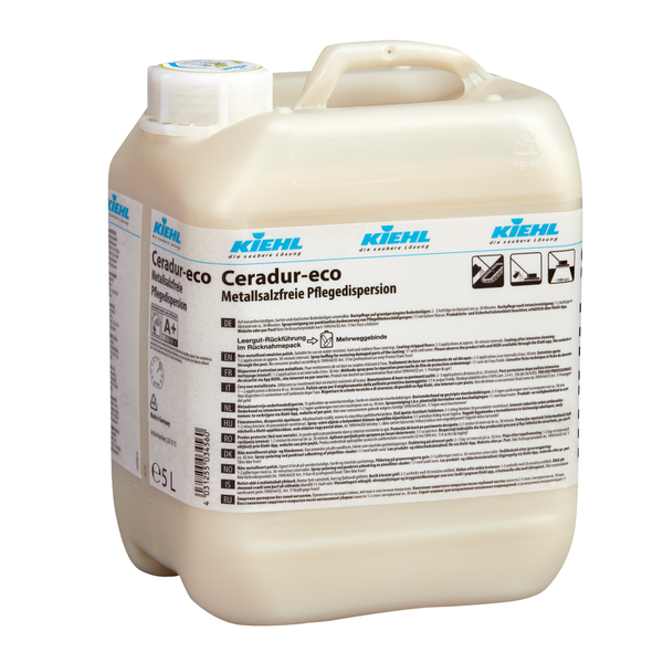 O sticlă de 5 litri Kiehl Ceradur-eco dispersie de îngrijire fără săruri metalice de la Johannes Kiehl KG, cu capac alb și etichetă detaliată în germană, disponibilă în cutie cu 2 sticle.