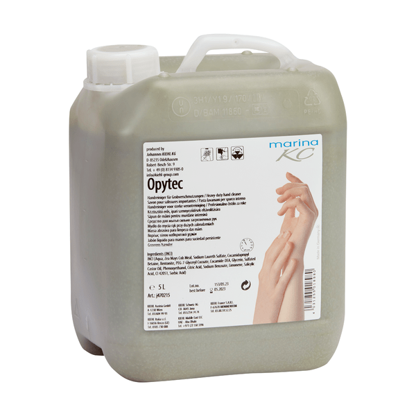 Un recipient de plastic de 5 litri de Opytec Handreiniger für Grobverschmutzungen de la Johannes Kiehl KG cu un mâner de pompare și o etichetă cu detalii despre produs și marcă, precum și o imagine de spălat mâinile - ideal pentru curățarea eficientă a murdăriei grosiere.