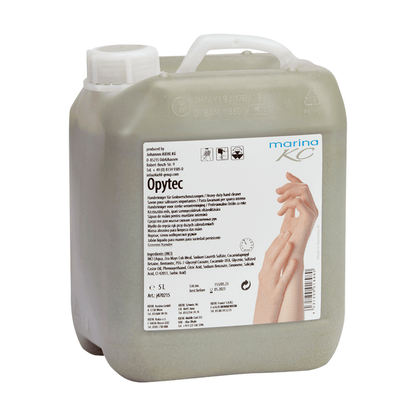 Un recipient de plastic de 5 litri de Opytec Handreiniger für Grobverschmutzungen de la Johannes Kiehl KG cu un mâner de pompare și o etichetă cu detalii despre produs și marcă, precum și o imagine de spălat mâinile - ideal pentru curățarea eficientă a murdăriei grosiere.