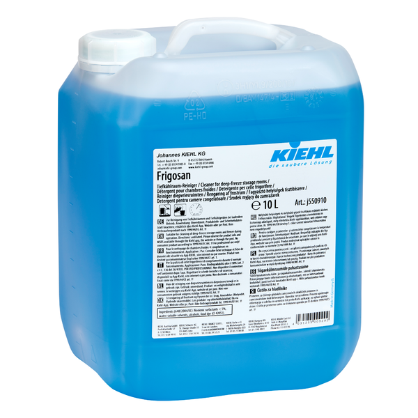 Un recipient de 10 litri de detergent pentru camere frigorifice Kiehl Frigosan de la Johannes Kiehl KG, umplut cu lichid albastru, translucid. Eticheta conține instrucțiuni, avertismente și informații multilingve.