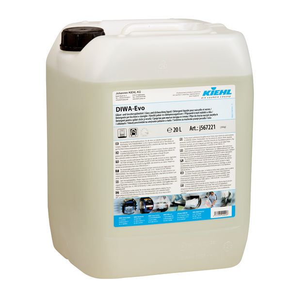 Un recipient de 20 de litri din plastic transparent cu capac negru, etichetat cu "Kiehl DIWA-Evo detergent de vase și pahare" de la Johannes Kiehl KG. Eticheta albastru-alb-negru conține instrucțiuni și simboluri de pericol.