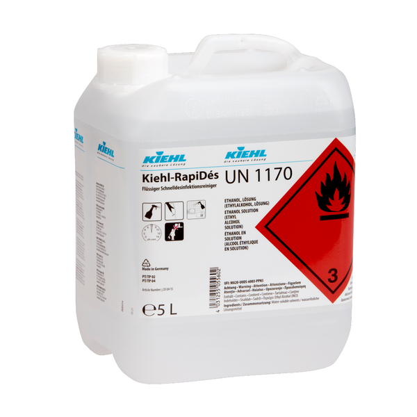 Un dezinfectant lichid rapid Kiehl RapiDés de 5 litri de la Johannes Kiehl KG pentru curățare și dezinfectare rapidă, cu avertisment de inflamabilitate, informații despre substanțe chimice și simboluri de siguranță pe partea din față.