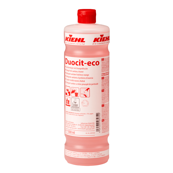 Sticla de 1 litru a Kiehl Duocit-eco Sanitärreiniger mit Orangenfrische de la Johannes Kiehl KG are un capac roșu și o etichetă cu informații multilingve. Sticla conține lichid roz pentru o curățare ecologică și lasă un miros proaspăt de portocale.