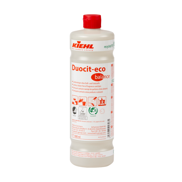 O sticlă de plastic de 1 litru Johannes Kiehl KG Kiehl Duocit-eco balance Sanitärreiniger fără parfum și coloranți cu capac roșu și etichetă albă cu informații despre produs roșii și negre, simboluri și instrucțiuni de utilizare.