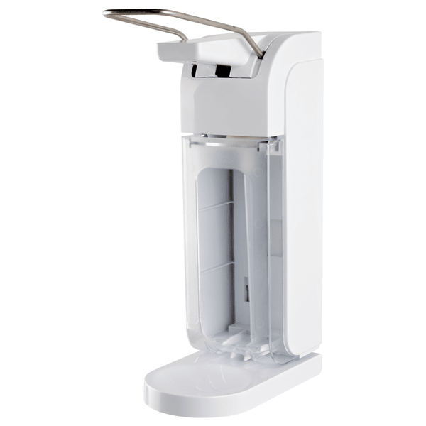 Dozatorul standard de săpun și dezinfectant Johannes Kiehl KG ManoDos (500 ml/1 L) din plastic cu manetă lungă de operare, capac transparent și tavă de picurare pentru sticle dreptunghiulare KIEHL este prezentat pe un fundal alb.