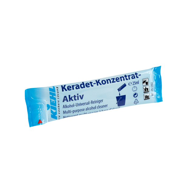Un pachet alb-albastru cu inscripția "Kiehl Keradet-Concentrat-Activ Alcool-Universal-Detergent" de la Johannes Kiehl KG conține 25 ml de detergent pentru rezultate fără urme, cu pictograme pentru utilizarea în gospodărie și indicații de siguranță.