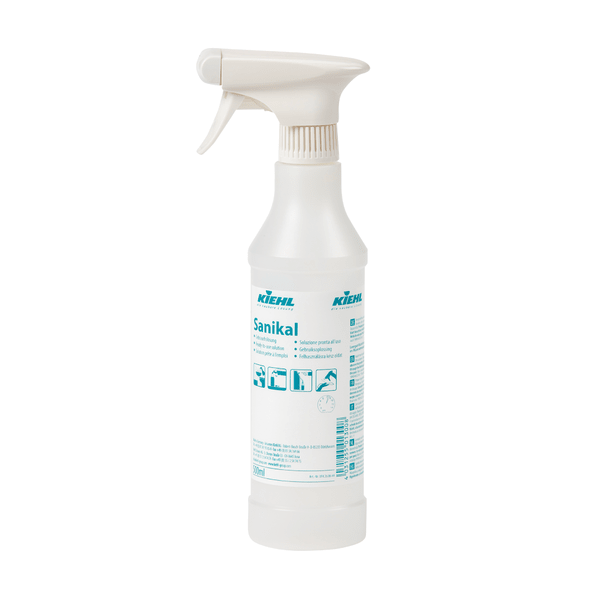Sticla de pâlnie Johannes Kiehl KG Sanikal 500 ml (alb, text/pictograme albastre) vine în pachet de 6 cu 6 pulverizatoare fără aerosoli și 6 capace de pulverizare. Ideal pentru curățare și dezinfectare. Informații detaliate pe etichetă.