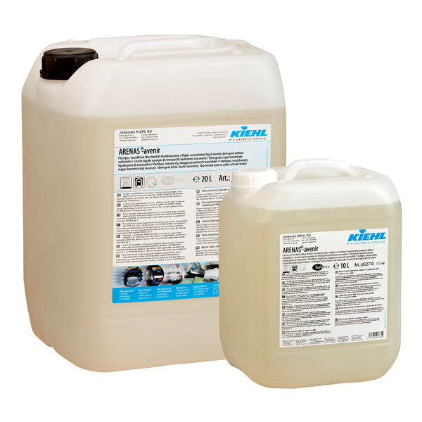 Zwei durchsichtige Kunststoffbehälter mit schwarzen Deckeln enthalten Johannes Kiehl KG Kiehl ARENAS-avenir Flüssiges tensidfreies Waschmittel. Einer fasst 20 Liter, der andere 10 Liter; beide tragen detaillierte Produktetiketten.