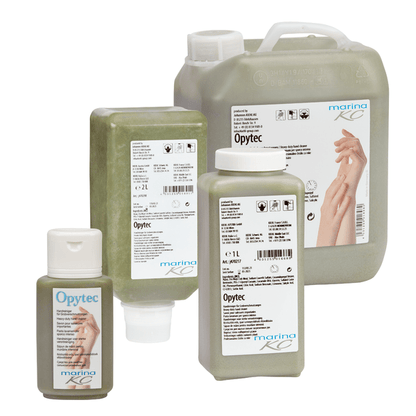 Sunt afișate patru recipiente de Kiehl Opytec Handreiniger für Grobverschmutzungen de la Johannes Kiehl KG, fiecare cu o etichetă albă cu informații despre produs și imagini cu mâini. Detergentul verde pentru mâini este vizibil în fiecare recipient.