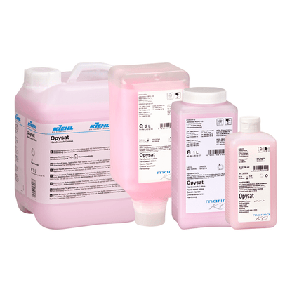 Patru recipiente de loțiune de spălat pe mâini Kiehl Opysat de la Johannes Kiehl KG (1-5L) cu capac alb și etichete detaliate oferă o curățare delicată a mâinilor, neutră pentru pH. Numele de marcă "Kiehl" este clar vizibil pe fiecare recipient.