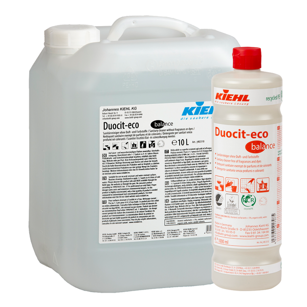 Un bidon transparent de 10L și o sticlă albă de 1L Kiehl Duocit-eco balance Sanitärreiniger fără parfum și coloranți de la Johannes Kiehl KG, ambele cu capac roșu și etichetate cu instrucțiuni de utilizare și siguranță.